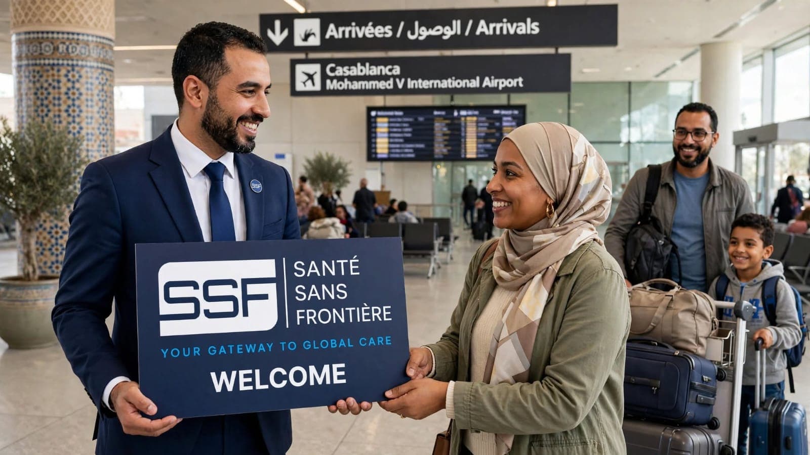An SSF officer holding a welcome sign greets a patient and her family at Mohammed V International Airport arrivals, Casablanca